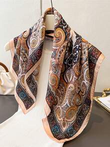 1条70*70厘米方形真丝围巾，女士缎面印花头巾，颈巾，发带，时尚女士披肩，围巾 - 卡其色 - 查看 4