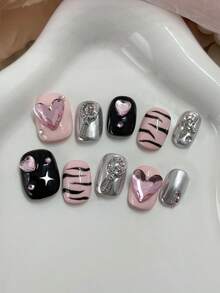 Pink Black Zebra Heart Rhinestone Press On Nails | Y2K Punk Sweet Cool False Nails Set For Club & Daily Wear - Multicolor - View 3