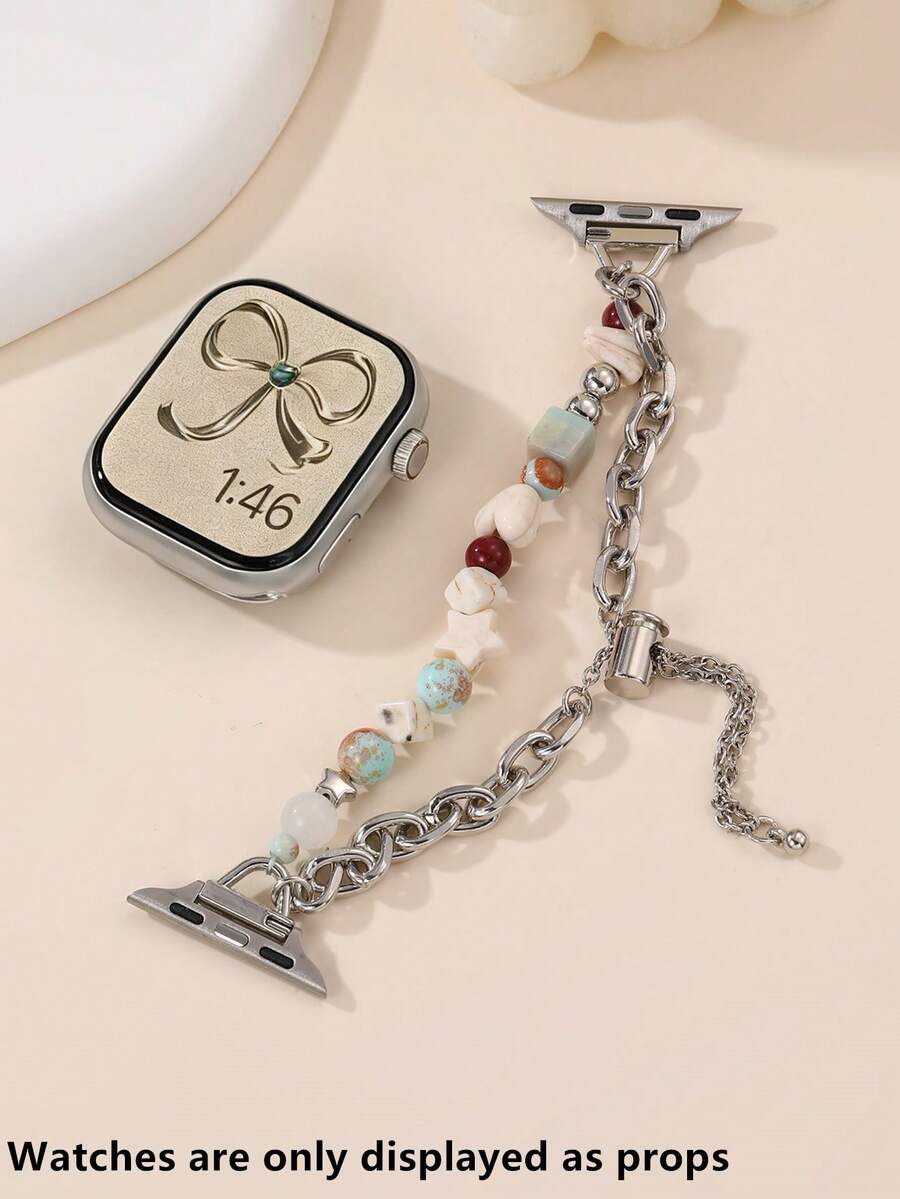 1pc Girls Band Beaded Metal Chain Bracelet, Sporty Strap, Niche Style - Multicolor - View 1