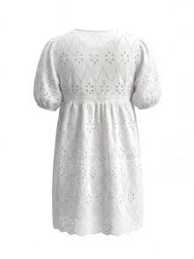 V-Neck Hollow White Shirt Dress, Loose Design Unique Lace Blouse, Mid-Length For Summer - White - View 10