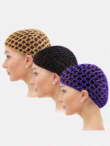 3 件装手工钩针睡帽、帽子、女士发网，适合万圣节日常使用 - 黑+卡其子+紫色 - 查看 9