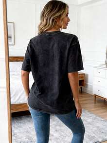 Pure Cotton Washed Loose-Fit T-Shirt,Dark Style Vintage Washed Rose Printed Pure Cotton Oversized Short Sleeve T - Shirt,Halloween,Día De Los Muertos,Home Leisure,,Weekend Outing,Sensitive Skin Group - 黑色 - 查看 5