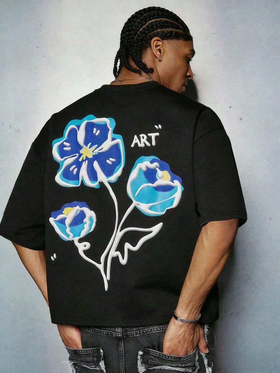 Camiseta gráfica con estampado floral en relieve, estilo urbano para hombre, adecuada para exteriores, festivales de música, salidas casuales, regalo para novio/esposo, aniversario, manga corta negra - Negro - Ver 1