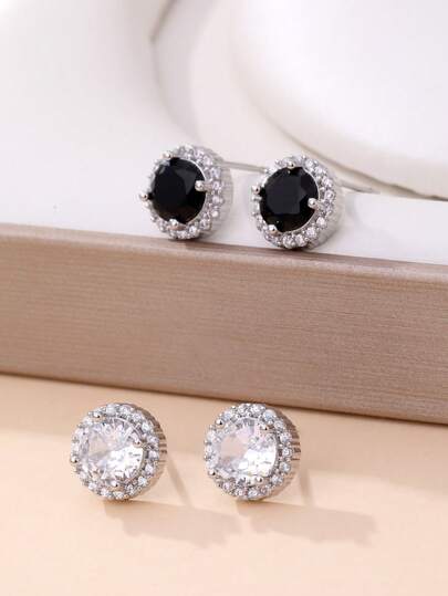 1 Pair Vintage Round Black Earrings - Men's Earrings, Decorated With Super Shiny Cubic Zirconia - Ideal Daily Wear Gift For Boyfriend