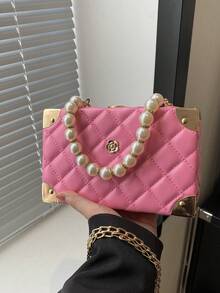 1 件女士纯色小方包，菱格纹绗缝手拿包，水钻珍珠手提包，锁扣盒手拿包，金属链条单肩包，刺绣格子小包，时尚情人节礼物，婚礼包 - 玫紅色 - 查看 4