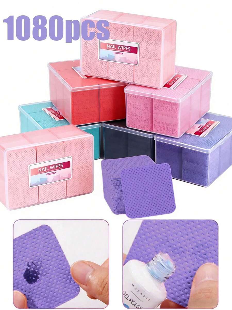 1080片/盒 无绒指甲清洁湿巾 柔软一次性指甲清洁棉片 适用于卸除凝胶指甲油 美甲清洁和卸甲工具 美甲沙龙用品 - 彩色 - 查看 1