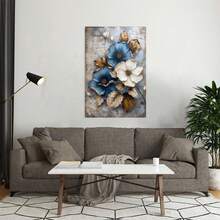 Blue White Flowers Gold Leaves Vintage Rustic Canvas Wall Art - Unframed Poster- Home & Office Decor For Living Room, Bedroom, Kitchen & Cafe - A - View 3