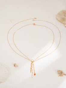 1pc Ocean Vacation Style Irregular Geometric Metal Tassel & Faux Pearl Pendant Bikini Chain, Elegant Luxurious Beach Vacation, Seaside Outing, Street Style Shoot, Couple Date, Women's Holiday Birthday Versatile Bikini Chain Gift - Bikini Chain - View 5