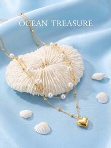 2件套心形珍珠项链，适合女士约会和派对佩戴 - 彩色 - 查看 4