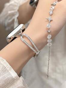 1 chiếc dây đeo đồng hồ nữ màu bạc thời trang hình chữ D đính đá toàn bộ, phù hợp với các kích thước 38/40/41/44/45/49/42/46mm S11/SE3/Ultra3/Ultra/SE/SE2/10/9/8/7/6/5/4/3/2/1 - Bạc [Vòng tay hình chữ D] - Xem 4
