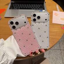 时尚新款镶钻珍珠手机壳，兼容 17 Pro Max、17、16，镶嵌钻石，优雅保护壳，也适用于 15 Pro、14 Pro、13、12、11 Pro - 粉色 - 查看 3