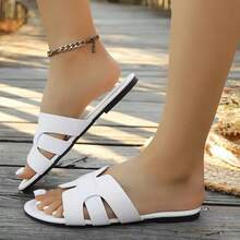 Women's Fashion H-Strap Design Faux Leather Flat Slide Sandals - White - View 2