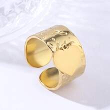 1pc Stainless Steel Textured Heart Shaped Adjustable Open Ring, Fashionable & Personalized Couple Rings - Gold - View 4