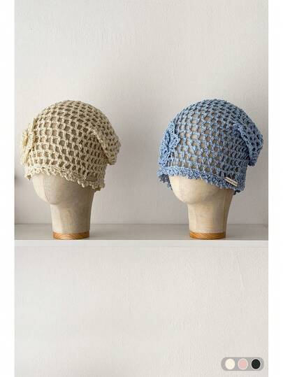 1pc Vintage Textured Openwork Slouchy Beanie, 3D Crochet Knit Beret Hat For Women, Linen Hollow Out Cute Lightweight Breathable Headwear For Early Autumn