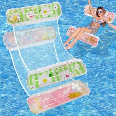 1 pieza Hamaca inflable de PVC grueso con 2 cámaras de aire, diseño de red transparente, opción perfecta para relajación y recreación acuática de adultos en la piscina