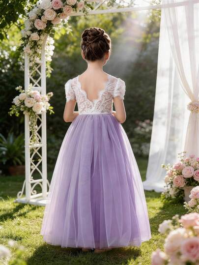 蕾丝边 V 领网眼派对礼服，淡紫色优雅公主礼服，适合女孩生日派对、婚礼、伴娘、花童、选美