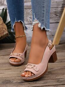 Summer New Fashion Thick Heel Floral Print Sandals, Women Open Toe High Heel Low Vamp Sandals - Pink - View 3