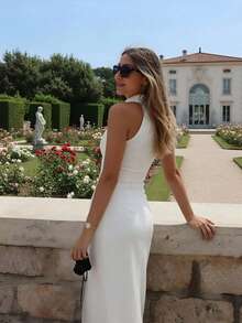 Women's Elegant Fashion Resort Style Solid Color Halter Neck High Slit Solid Color Single-Breasted Long Bodycon Maxi Dress, Elegant Lapel Cardigan Sexy Fitted Solid Color Maxi Dress White - White - View 7
