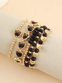 5pcs/Set Multilayer Heart Beaded Bracelets, Fashion Versatile Stacked Bracelet Set - Multicolor - View 6