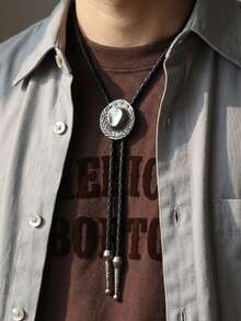 男士西部牛仔波洛领带，复古麦穗图案领带，PU皮绳项链，时尚衬衫领饰 - 彩色 - 查看 4