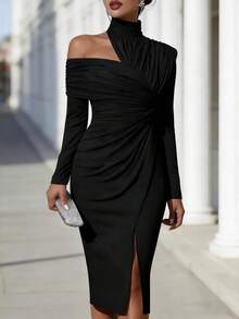 Ladies' French Summer Fashion Solid Color Elegant Asymmetric Design Olive Green Hanging Neck Off Shoulder Wrinkled Long Sleeve Off Shoulder Split Hip Wrapping Dress Elegance Slimming Medium Length Dress - 黑色 - 查看 1