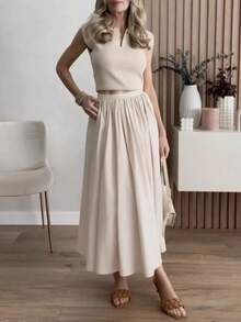 女士纯色休闲百褶高腰半身裙 春季 - 米色 - 查看 7