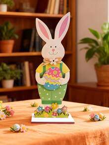 1pc 2D Wooden Decorative Plaque & Figurine, Mother's Day Decor, Minimalist Design, Family Of 5 Rabbits In Plaid Outfits, Perfect Holiday Gift For Home & Office, Spring Decoration - A - View 7