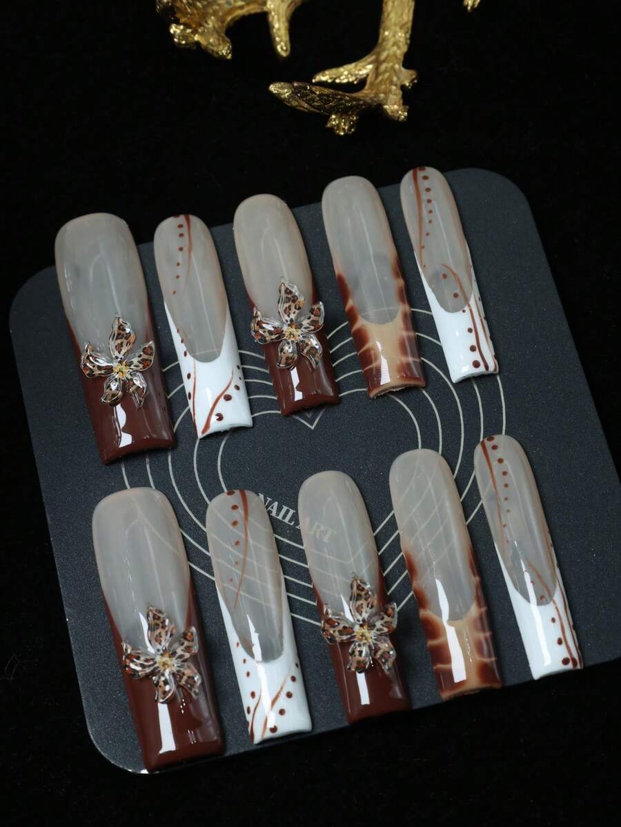 CrystalHola 手工棺材形美甲贴片，Y2K风格，春夏款，裸色和棕色系，手绘线条、花朵图案，法式美甲，纯手工制作。适合女性和女孩。10片/套，3种尺寸。适合派对、婚礼和日常佩戴。包含美甲工具。女士美甲用品的绝佳礼物。 - 彩色 - 查看 1