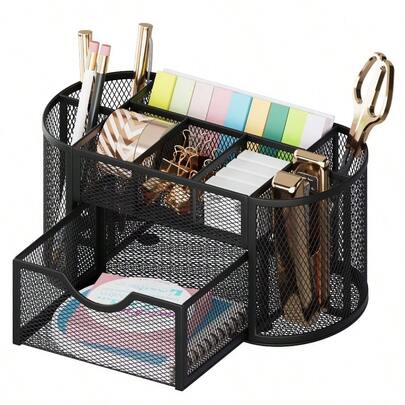 Desk Organizer, Pen Holder With Drawers Pencil Holder For Desk Mesh Office Supply Organizer And Storage, Black