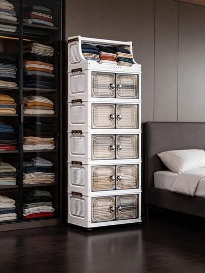 1pc Plastic Folding Storage Cabinet, Double Door Home Living Room Toy Organizer Box, Bedroom Storage Cabinet With Wheels, Clothing Wardrobe Storage Box, Kitchen Trolley Storage Rack