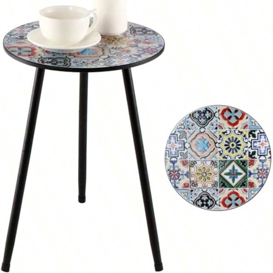 1 paquete de mesa auxiliar de metal para exteriores pequeña mesa auxiliar redonda exterior para patio mesa de esquina de jardín moderna para espacios pequeños balcón porche resistente a la - Mosaico mixto - Ver 1