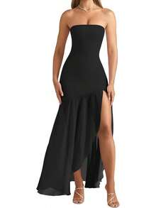 Women's Strapless Maxi Dresses Bodycon Mesh Fishtail With Slit Wedding Guest Cocktail Party Evening Dress - Red - View 5