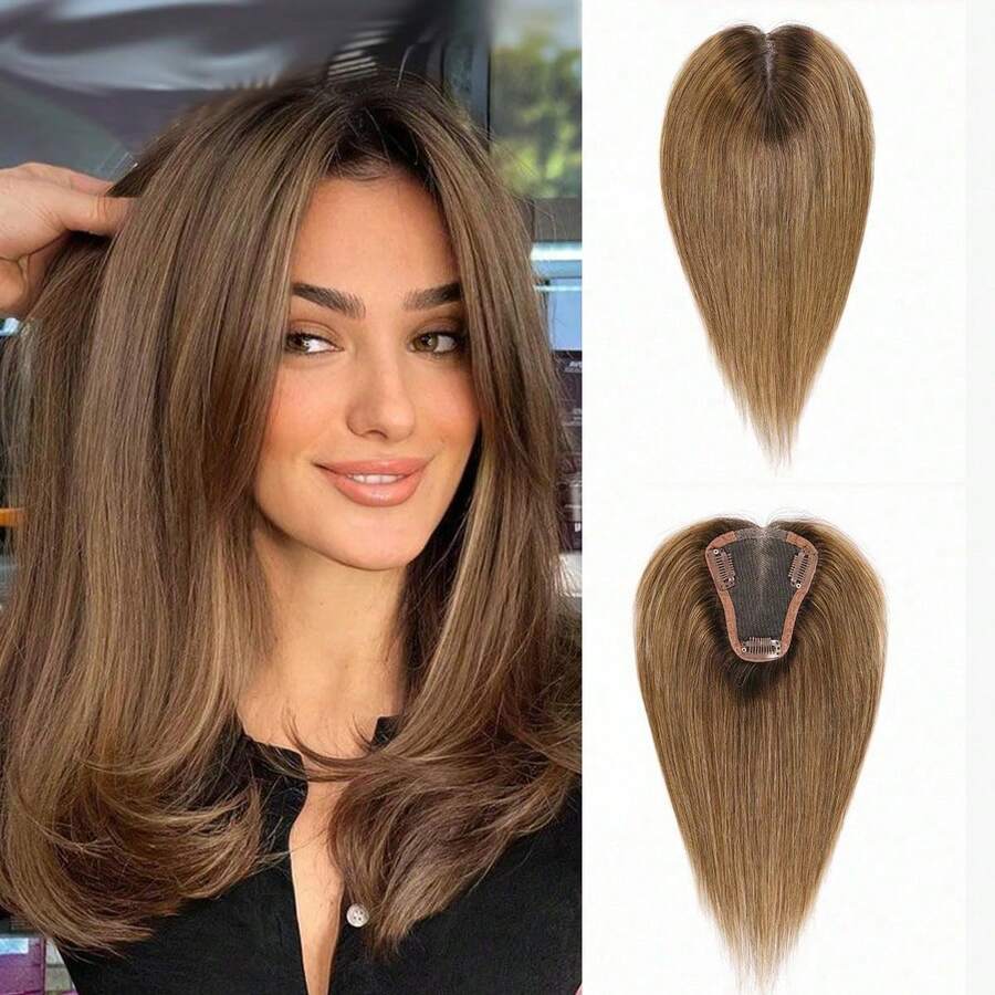 10 Inch Women's Real Human Hair Topper Hairpiece Without Bangs, T4/27 Brown Color Hair Topper, Lace Base Upgrade - S4/4/27 - View 1