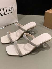 女士二合一水晶装饰方头粗跟凉拖鞋 - 米色 - 查看 10