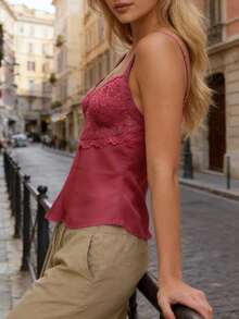 Women's Lace Patchwork Tank Tops Summer Fashionable V Neck Ruffle Hem Going Out Vest - 玫紅色 - View 8