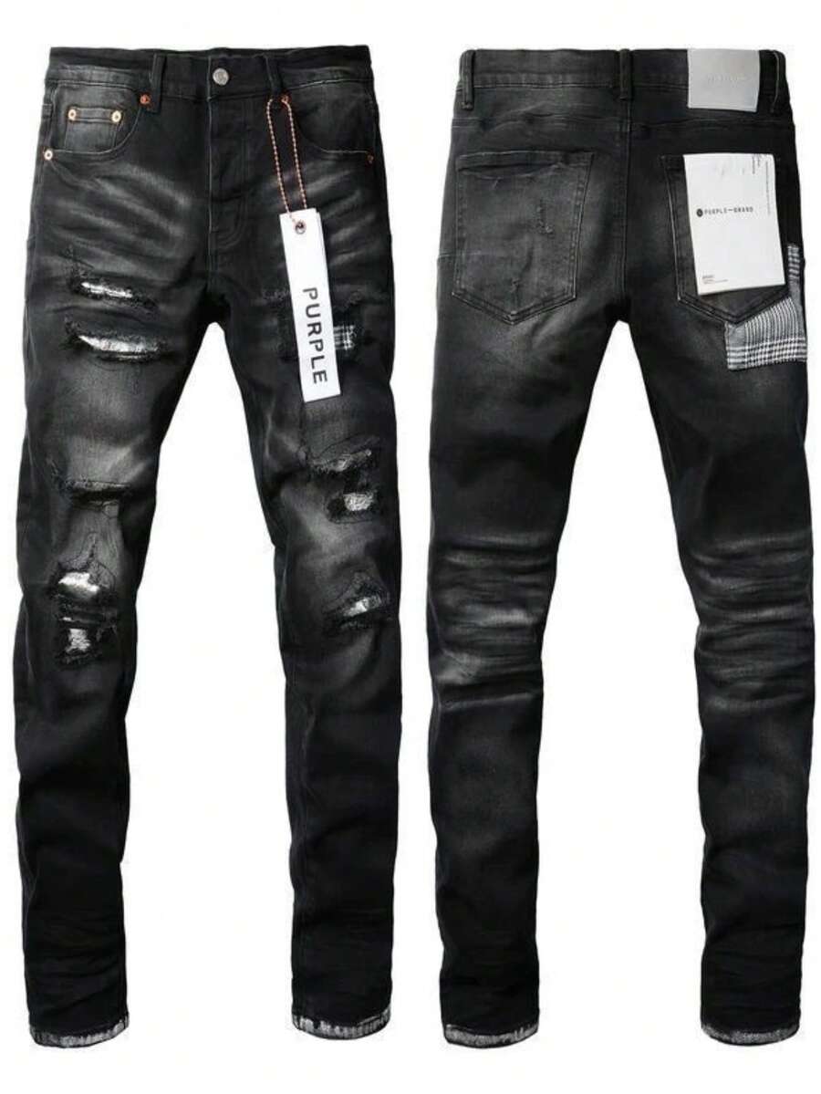 Men's Jeans Black Ripped Slim Fit Mid Waist Pants Suitable For All Seasons, Versatile Casual Small Leg Jeans For Men - màu đen - Xem 1