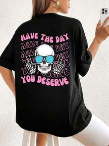 Camiseta de Halloween con Gráfico de Calavera y Lema "HAVE THE DAY YOU DESERVE" - Camisetas Gráficas para Mujer - Negro - Ver 7