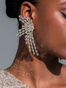 2件套欧美风立方氧化锆扇形耳环，奢华时尚新娘立方氧化锆耳环，女士结婚首饰 - 銀色 - 查看 1