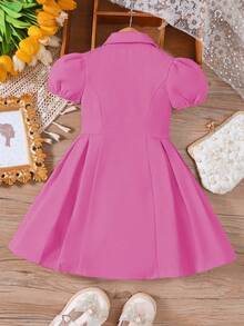 少女春夏花瓣袖双排扣领淑女连衣裙 - 玫紅色 - 查看 2