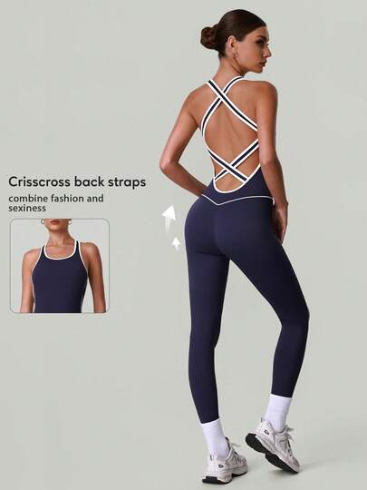 女士撞色包边无袖交叉露背修身运动健身瑜伽连体裤