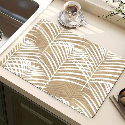 1pc Brown Palm Tree Pattern Multipurpose Absorbent Mat, Polyester Tabletop Protective Pad For Kitchen, Dining Table, Dish Drying, Washing Machine, Coffee Maker, Bathroom Vanity, Kitchen Accessories, Party Supplies