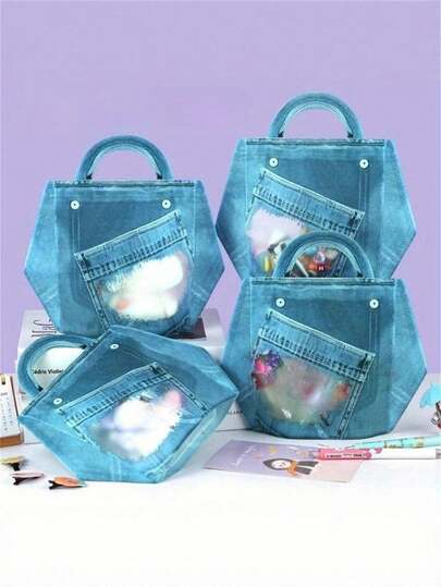 10/5个装创意牛仔蓝塑料礼品袋，带提手，复古牛仔蓝小礼品袋，防水防尘食品保鲜袋，带拉链，适合生日、婚礼、派对礼物，可重复使用防水防尘食品保鲜袋