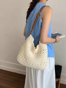 优雅时尚大容量镂空设计手工编织手提包，适合日常出行、海滩度假和休闲活动 - 彩色 - 查看 6