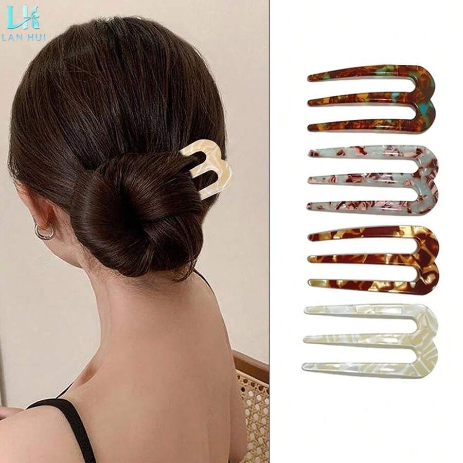 4pcs Elegant Retro U-Shaped Multicolor Hair Clips, New Chinese Style Bun Hairpin Accessories, Suitable For Daily Wear And Vacation, Headpiece, Hair Styling Pins