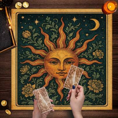 1pc Enchanting Vintage Floral Sun And Moon Design Tarot Tablecloth - Elegant Star And Moon Tarot Cloth Vibrant Polyester Altar Mat With Celestial & Floral Design For Tarot Reading, Witchcraft & Astrology, Tarot Tablecloth Boho Playmat Cloth Home Decor
