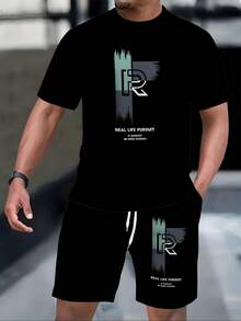 RGETH Men's Casual Two-Piece Set With Digital Print Summer English Love Bear Pattern, Round Neck Short Sleeve T-Shirt And Drawstring Shorts With Pockets, Knitted Round Neck, Slight Stretch, Regular Fit Summer Outdoor Sportswear Shirts Mens Clothes - Nhiều màu 6 - Xem 2