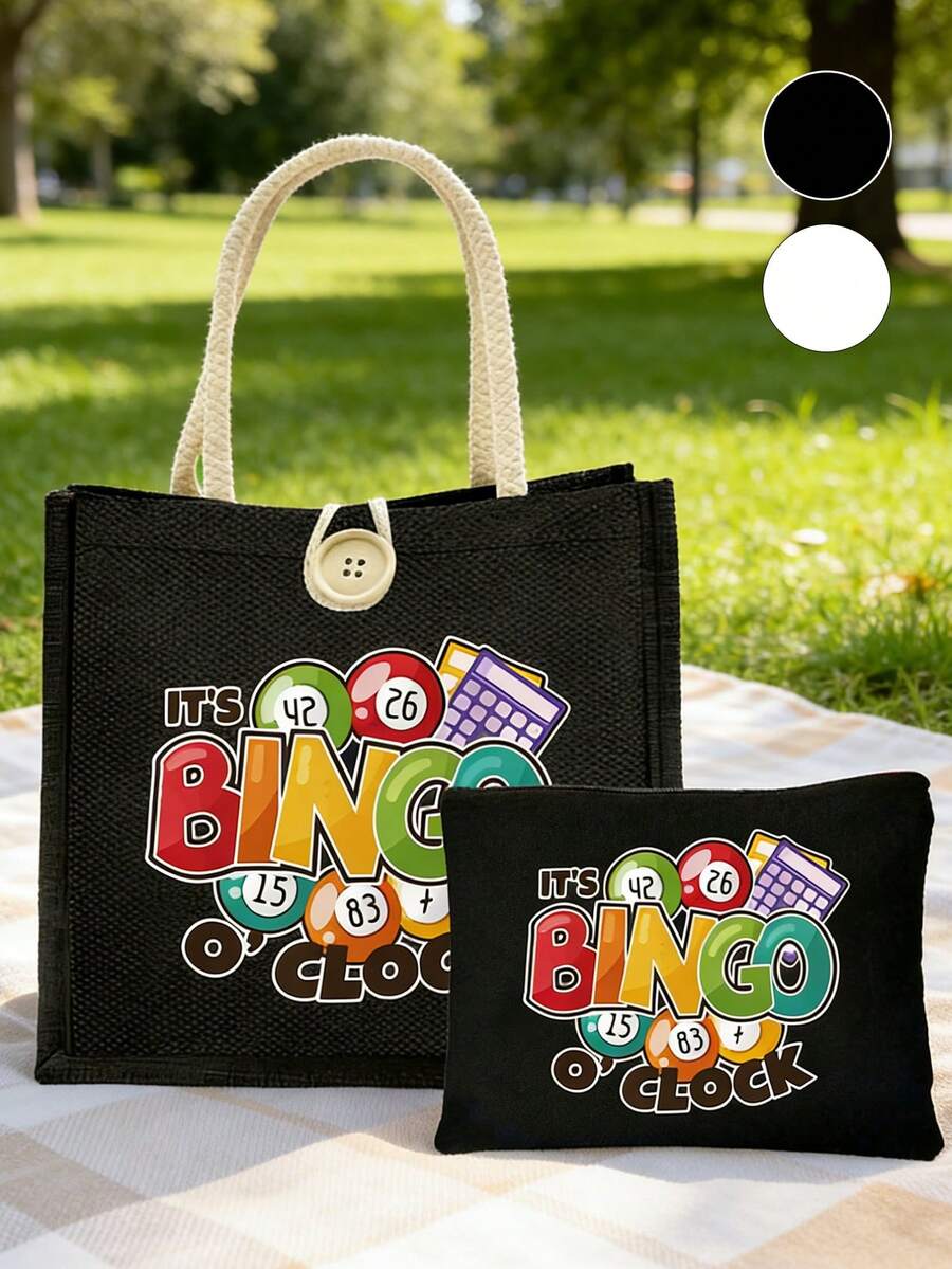 2 Stücke/Set Casual Tragetasche Set, Muster mit "Es ist Bingo Uhr", inklusive Damen Handtasche und Geldbörse Set, Tragetasche und Münzbeutel, große Kapazität Damentasche, leicht mit großer Kapazität Shopper, wiederverwendbare Leinen Einkaufstasche, tragbare Reise Kosmetiktasche - Verschiedenfarbig - Übersicht 1