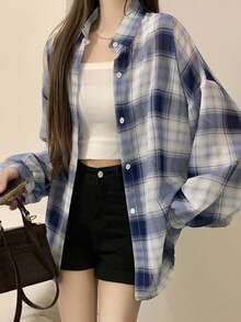 女士格子衬衫，夏季新款休闲宽松上衣 - 淺藍色 - 查看 3