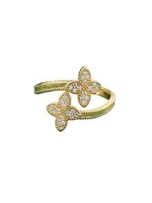 Bông tai hình hoa đính đá Cubic Zirconia thanh lịch - Nhẫn hình bướm đính đá Cubic Zirconia có thể điều chỉnh kích thước thời trang - Nhẫn hở hình hoa đôi sang trọng duyên dáng. - Vàng - Xem 9