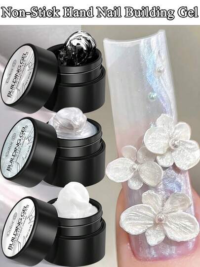 美甲专用固体延长胶，3色可选，包括不粘腻的白色、透明珍珠白和缎面硬胶，适用于3D立体雕塑、花朵雕刻造型设计，以及美甲延长胶套装。